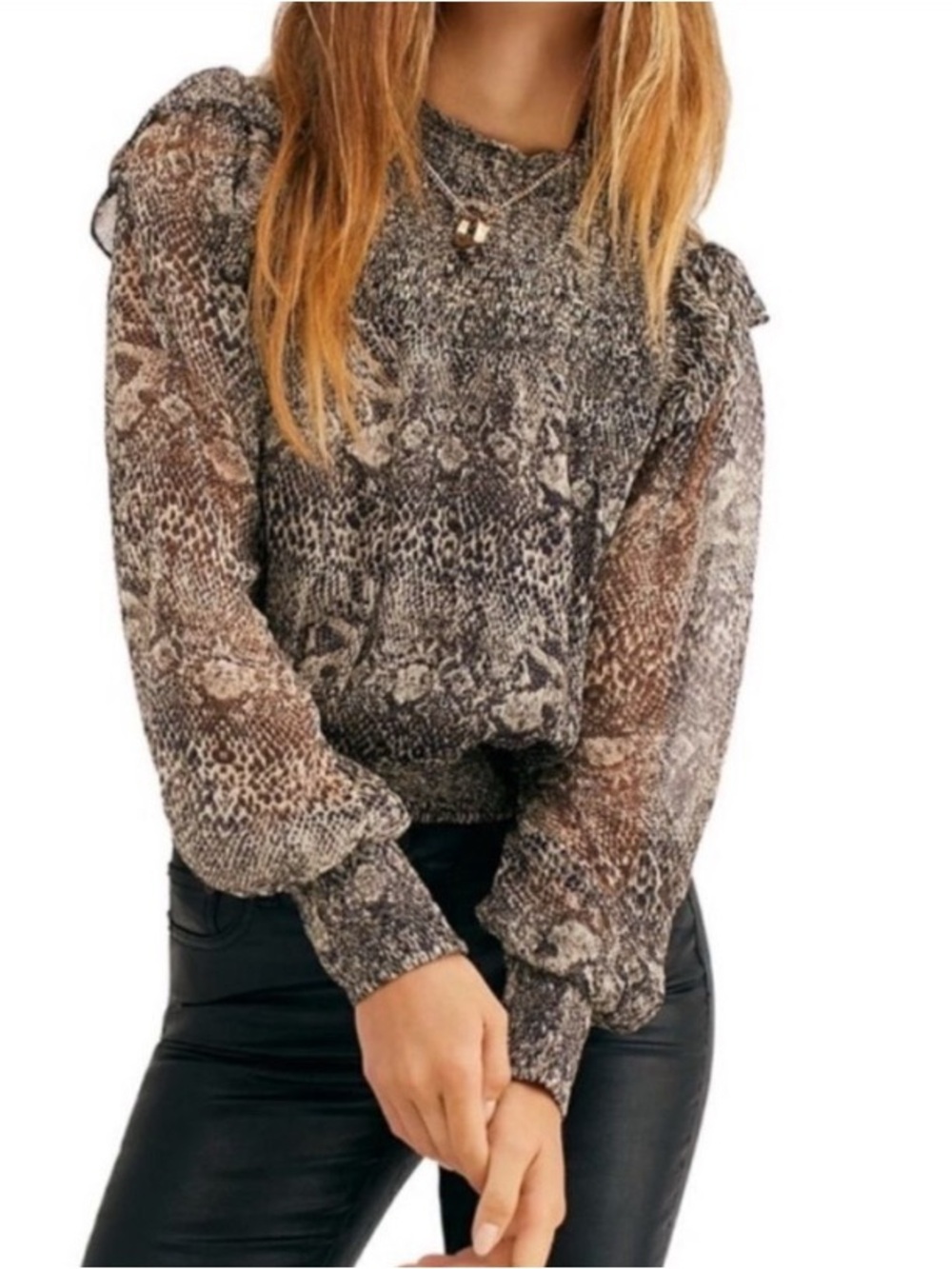 Free People Roma Smocked Blouse Neutral Snake Print Mock Neck Semi Sheer - M